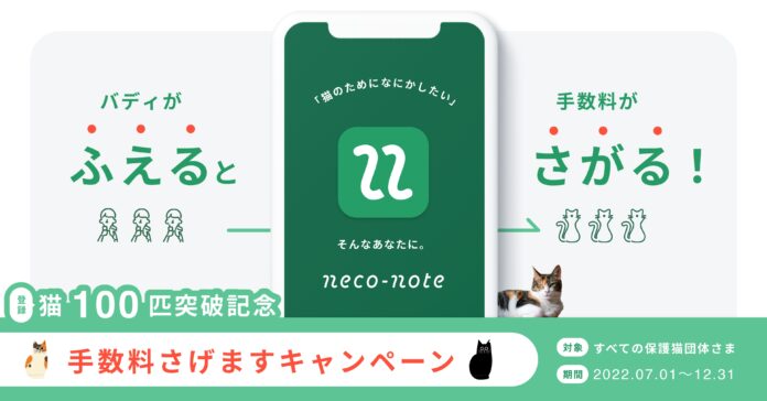投げ銭・月額課金で保護猫を支援できる”猫の推し活”Webサービスneco-note(ネコノート)が、登録猫100匹突破を記念し、2022年7月1日より『手数料さげますキャンペーン』を開催！のメイン画像