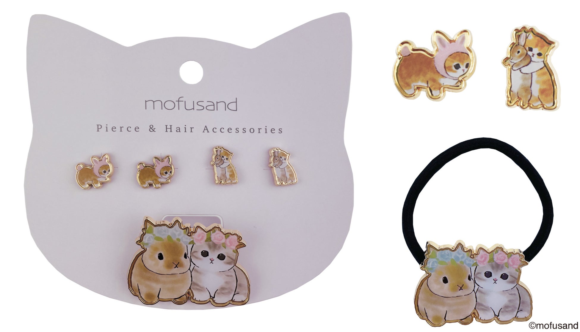 もふもふにゃんこのイラストシリーズ『mofusand』ゴールドを基調とした上品なアクセサリーシリーズ3種9アイテム2023年8月4日（金）より発売のサブ画像7_ピアス&ヘアゴム〈 F うさ×にゃん 〉