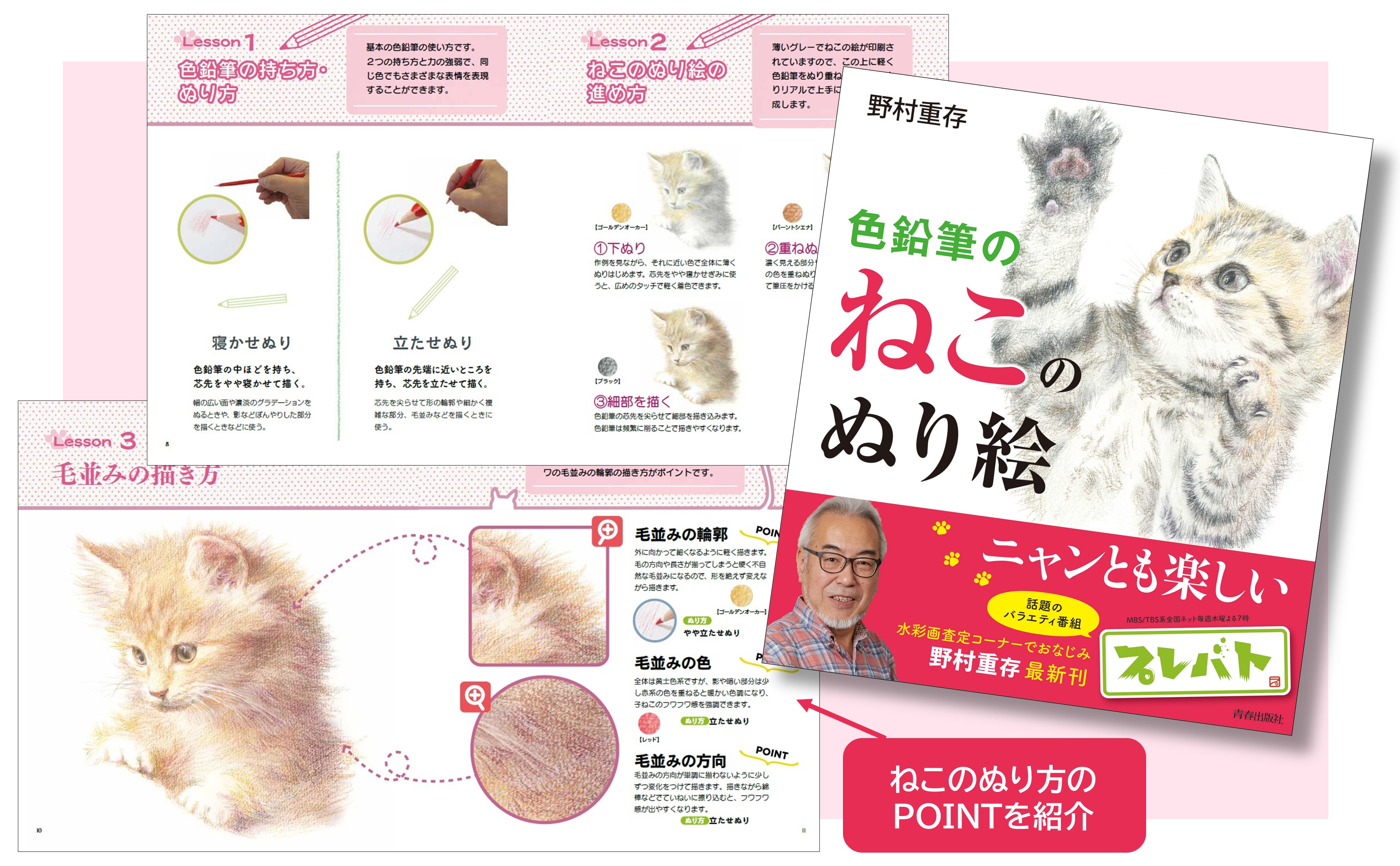 「プレバト‼」でおなじみの野村重存先生が描き下ろした、かわいいねこがいっぱい！『色鉛筆のねこのぬり絵』発売のサブ画像2